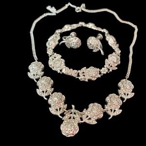 Vintage Floral Sterling  Marcasite Necklace, Bracelet & Earring Set